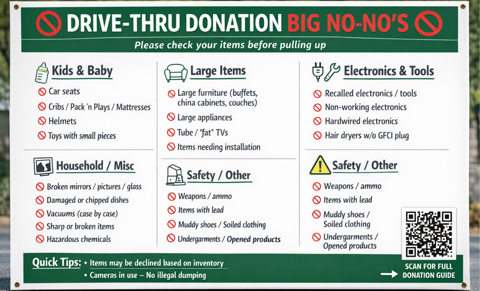 Drive-Thru Donation Big No-No's — items we cannot accept, including car seats, cribs, mattresses, large furniture, non-working electronics, weapons, and hazardous chemicals